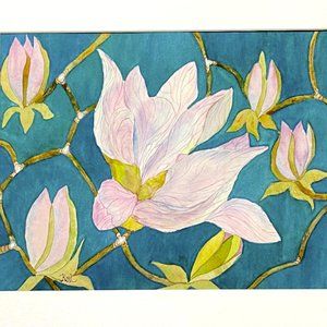 PAINTING WATERCOLOR ORIGINAL ART MAGNOLIA FLOWER PINK BLUE GREEN 11X14 MAT 16X20